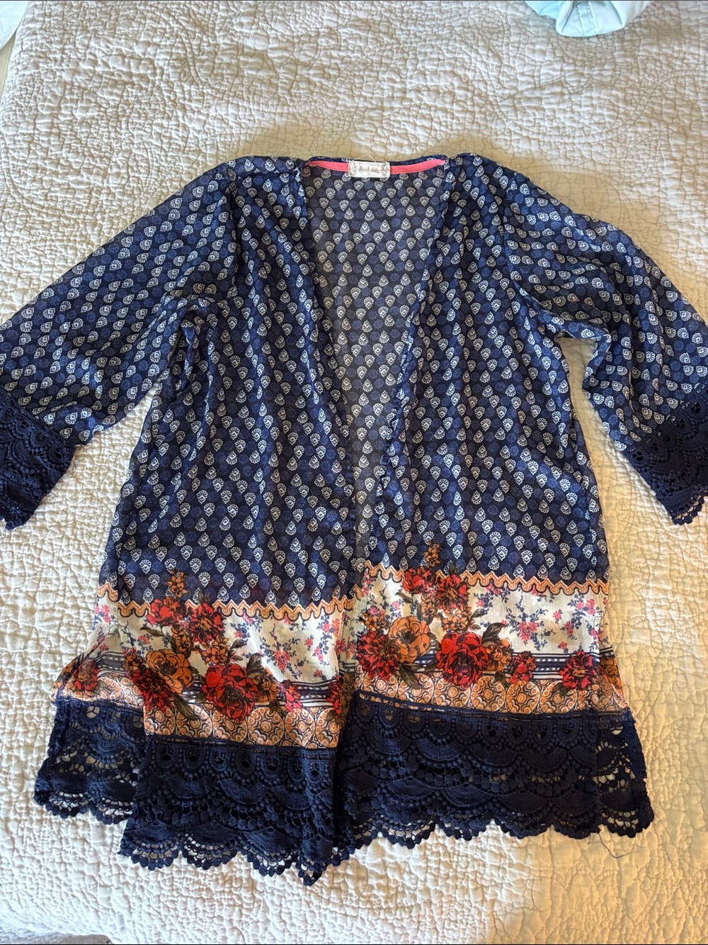 Altar'd State Navy Floral Border Open-Front Kimono